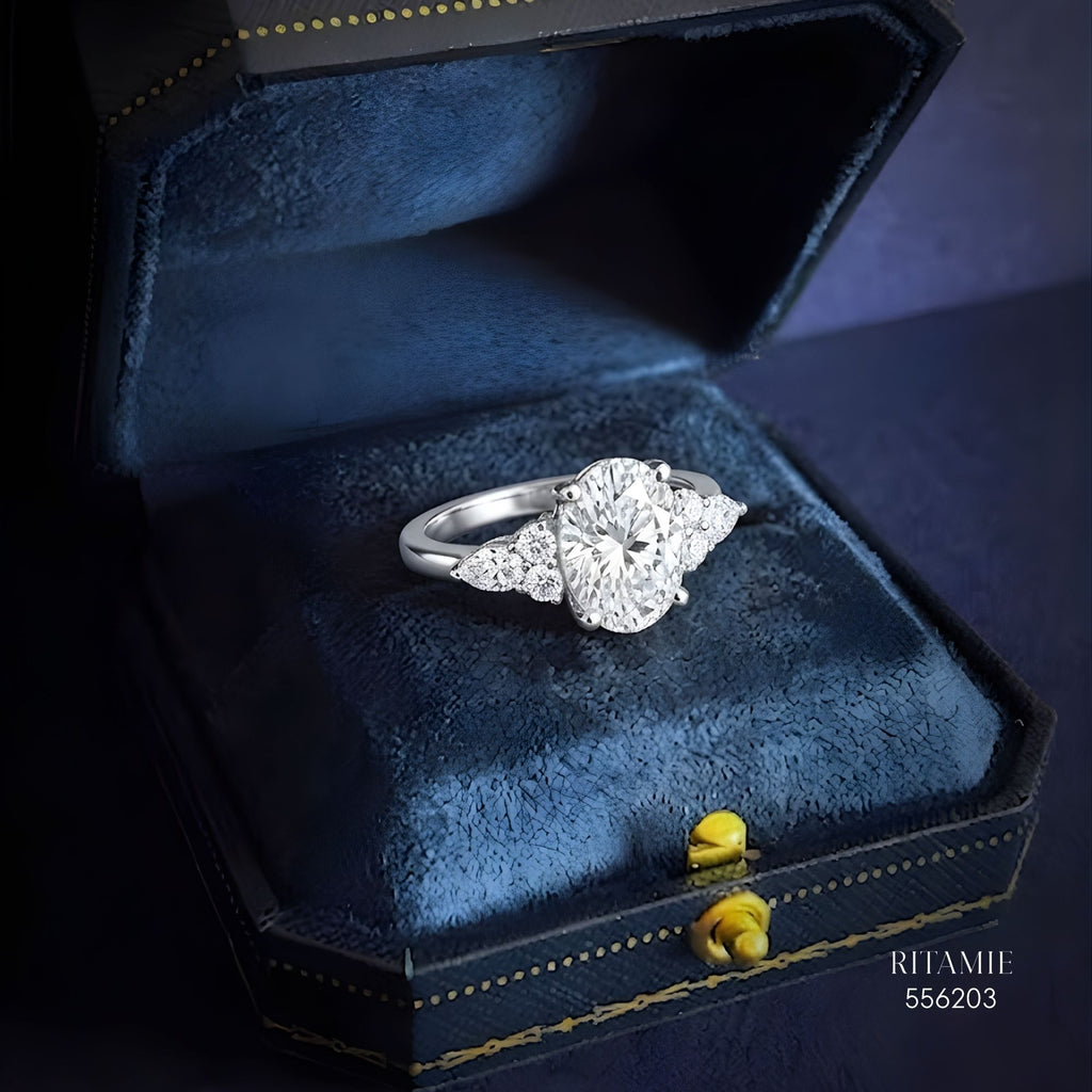 Oval Cluster Blossom Moissanite Silver Ring 556203