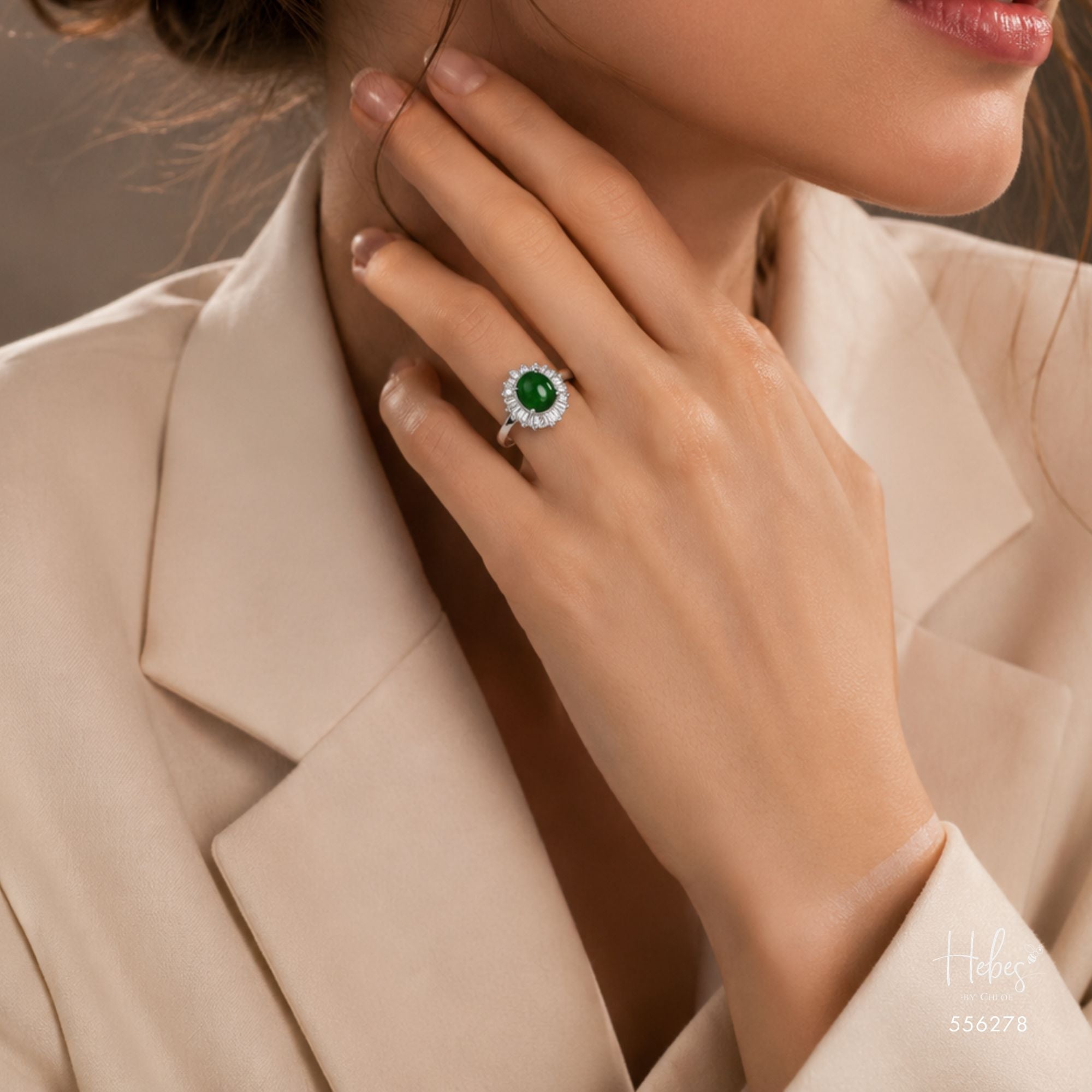 Type A Jadeite Oval Baguette Halo Ring 556278