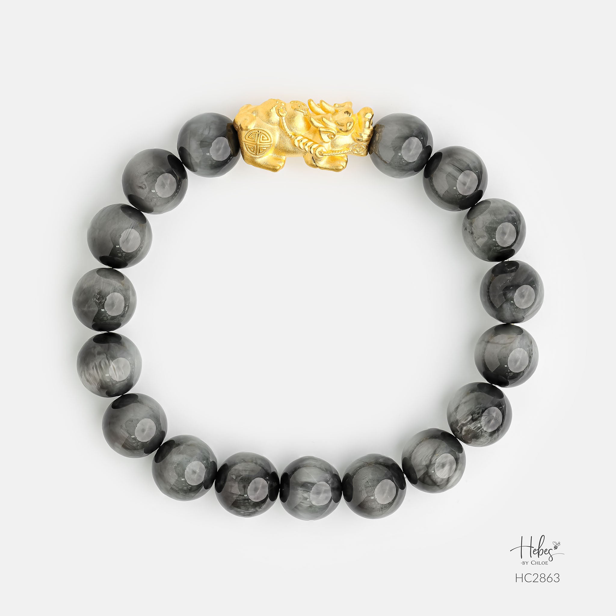 24K Gold Pixiu Grey Tiger Eye Bracelet (12mm) 992863