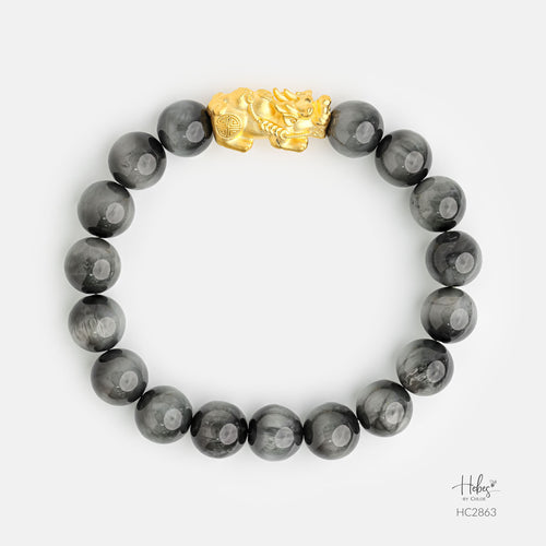 24K Gold Pixiu Grey Tiger Eye Bracelet (12mm) 992863