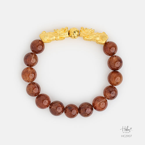 24K Gold Pixiu Brown Rutilated Quartz Pixiu Bracelet (10mm) 992907