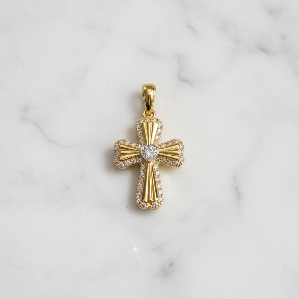 Gold Diamond Heart Cross Pendant