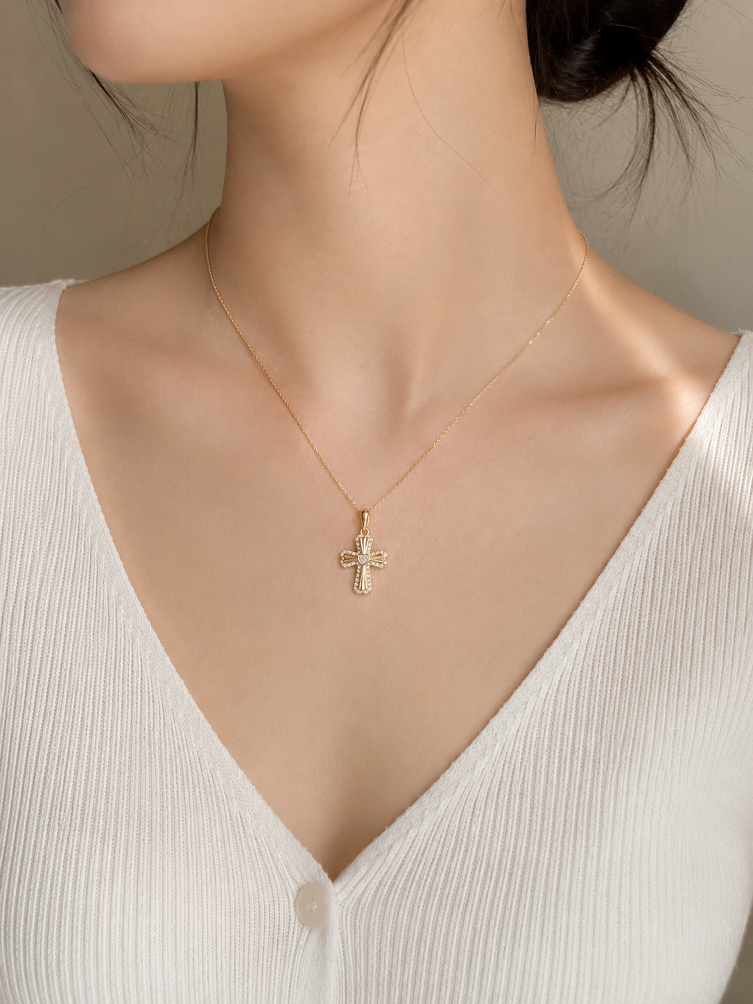 Gold Diamond Heart Cross Pendant