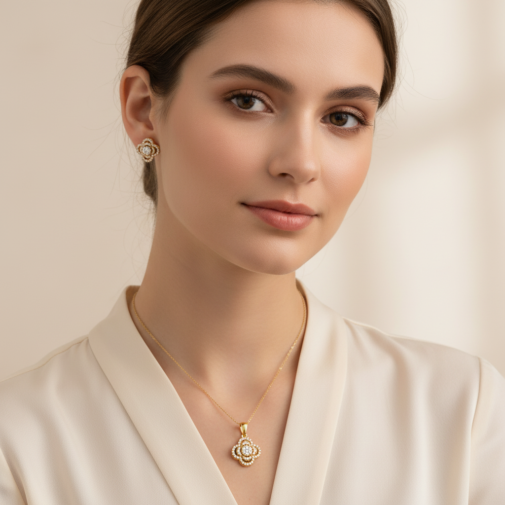 Clover Charm 10K Gold Earring and Pendant Set
