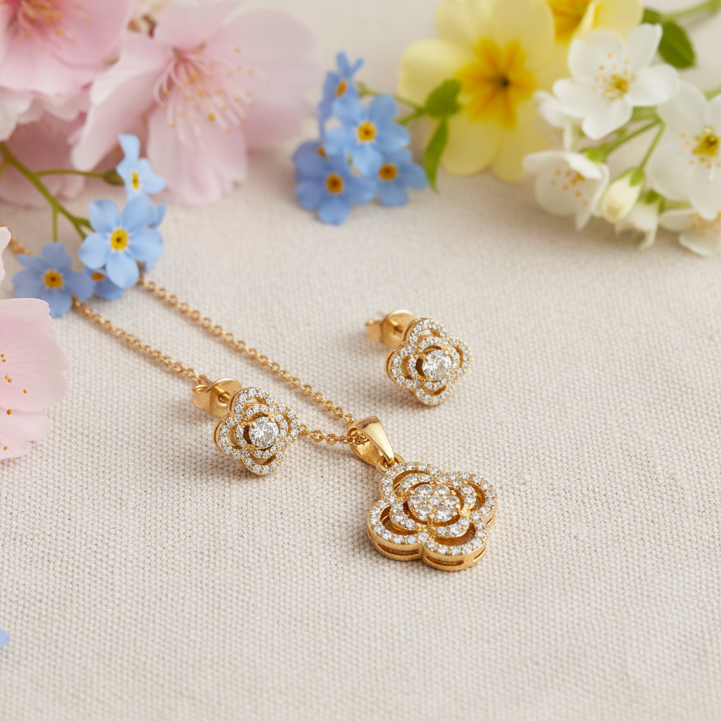Clover Charm 10K Gold Earring and Pendant Set