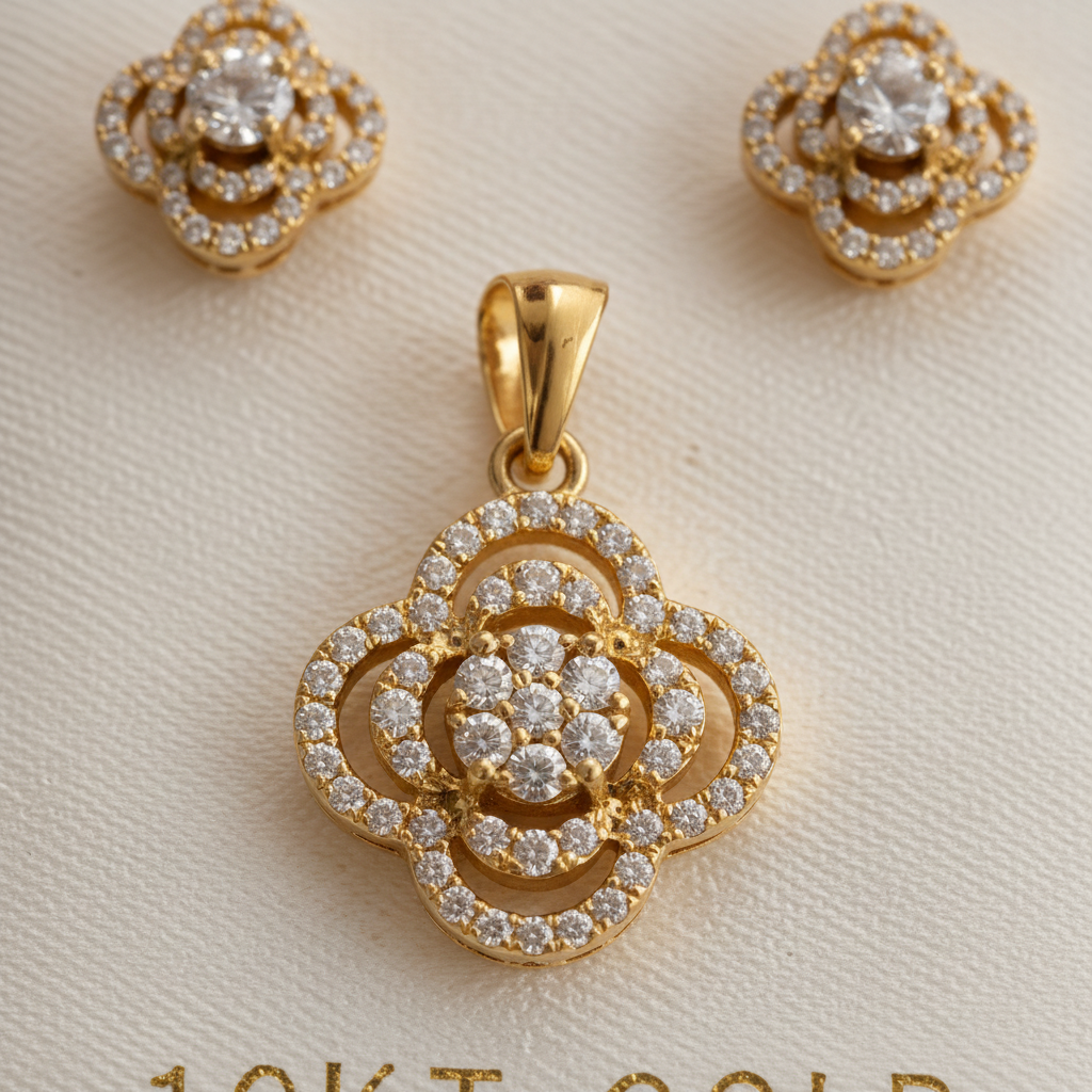 Clover Charm 10K Gold Earring and Pendant Set
