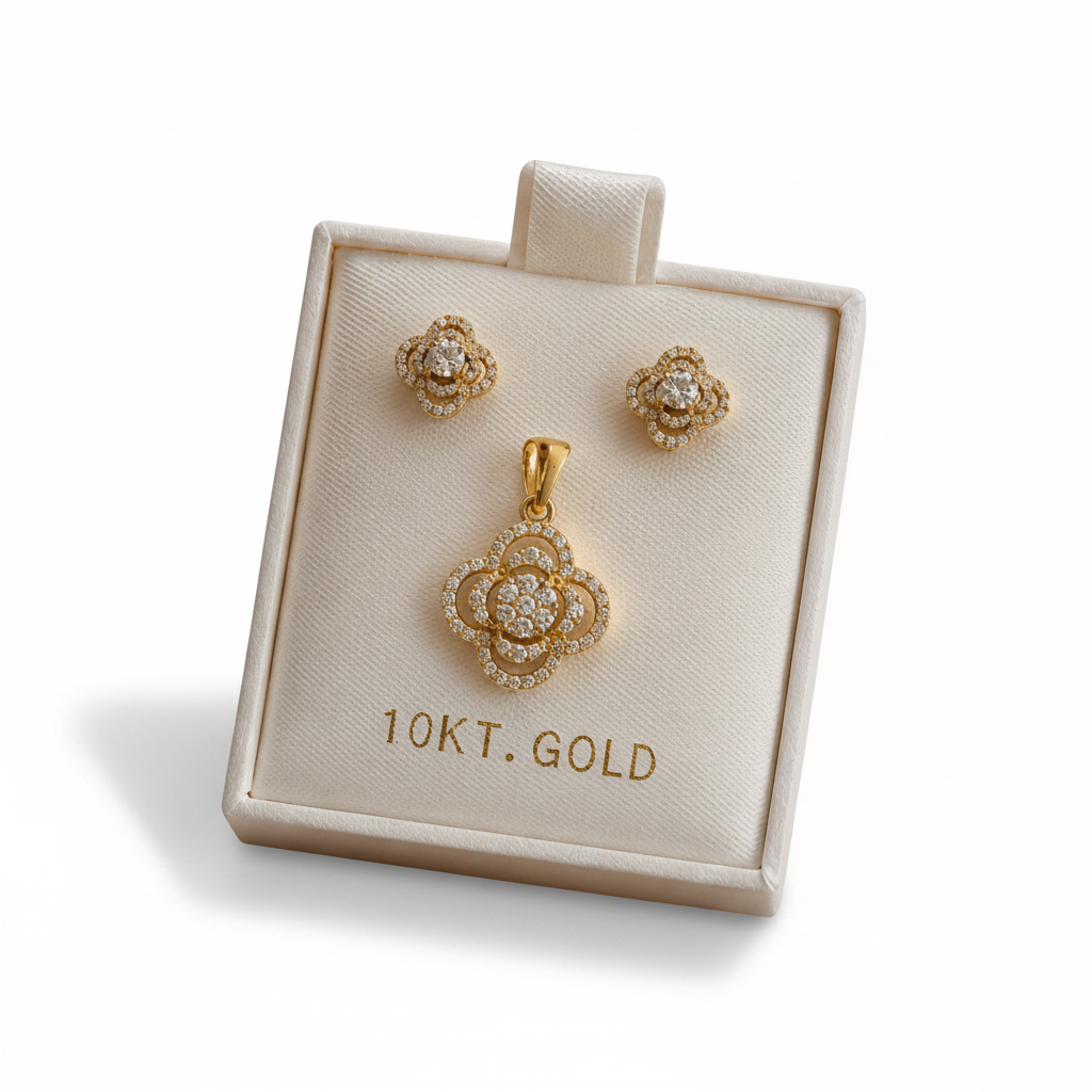 Clover Charm 10K Gold Earring and Pendant Set