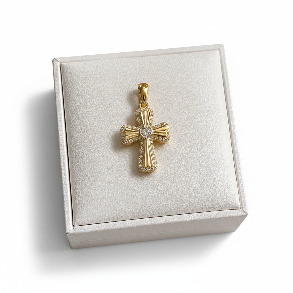 Gold Diamond Heart Cross Pendant