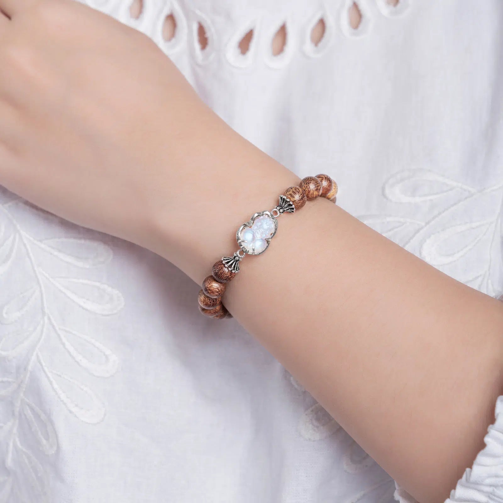 Vietnamese Agarwood Moonstone Pixiu Dragon Charm Bracelet HC2895