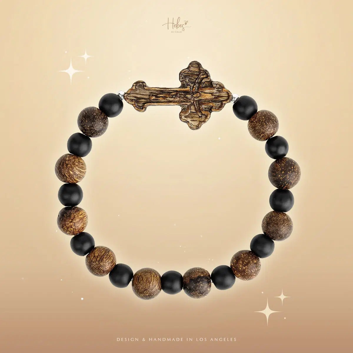 Indonesian Agarwood Black Onyx Cross Charm Bracelet HC2808