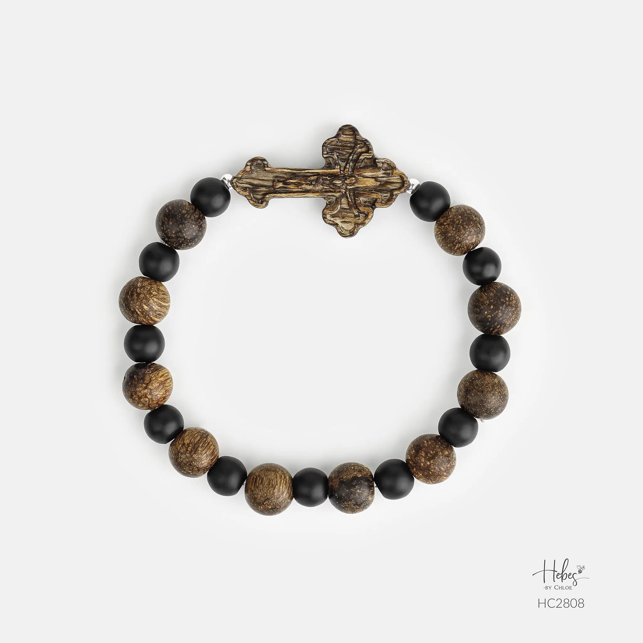 Indonesian Agarwood Black Onyx Cross Charm Bracelet HC2808