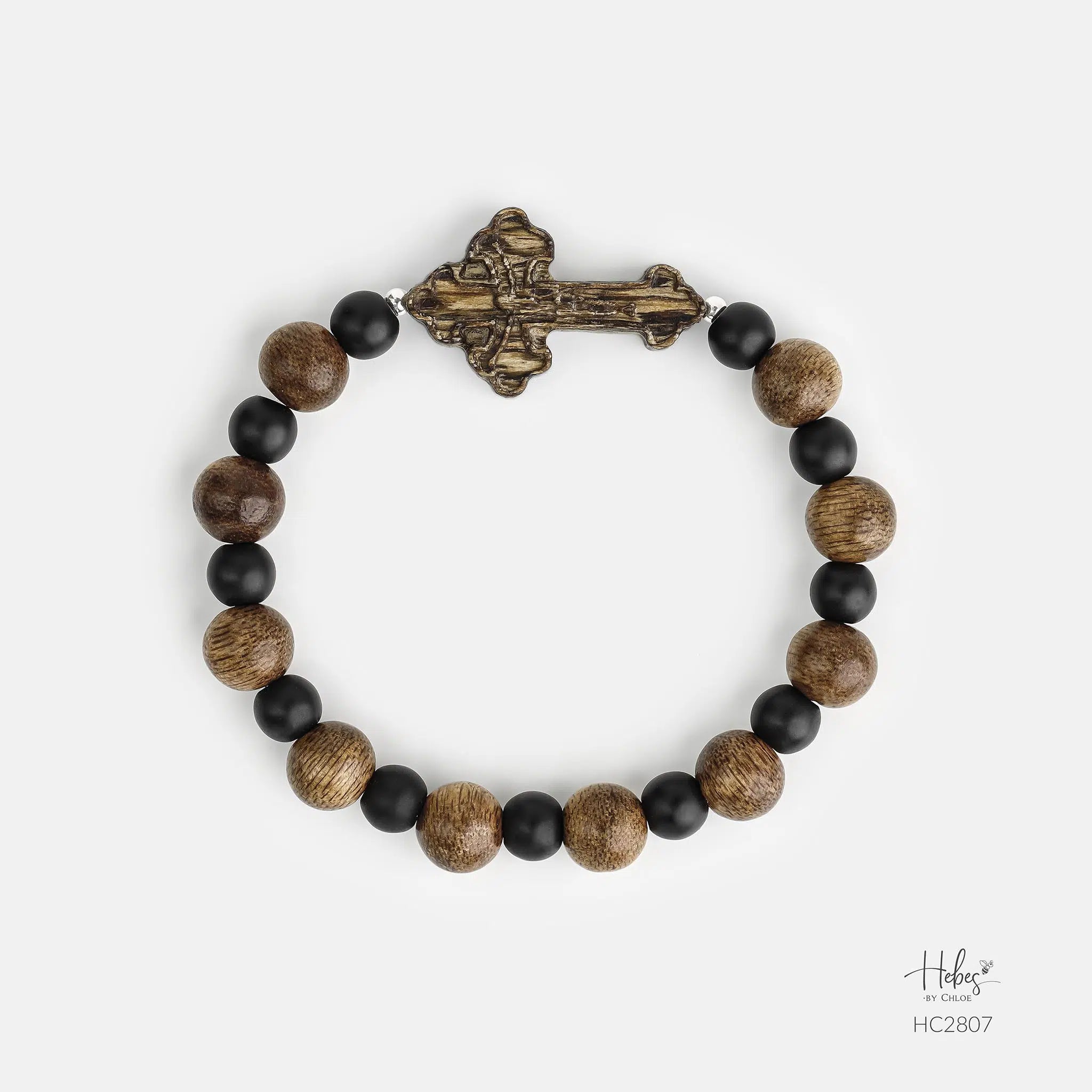 Vietnamese Agarwood Black Onyx Cross Charm Bracelet HC2807