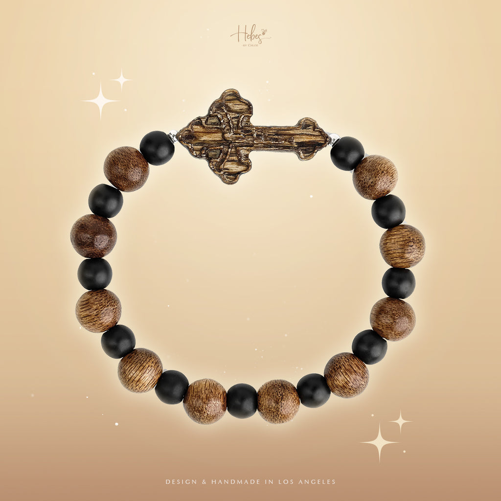 Vietnamese Agarwood Black Onyx Cross Charm Bracelet HC2807